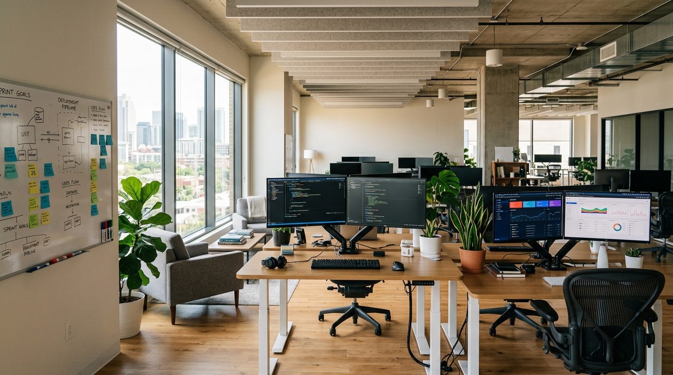 ChronoAge team workspace — a modern software development office with multiple workstations, large monitors, whiteboard with sprint goals, and collaborative areas